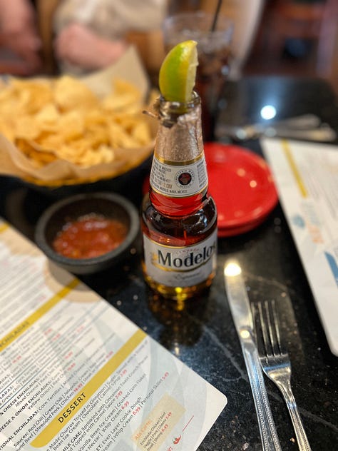 chips, salsa, beer, lime, bowl, plate, tacos