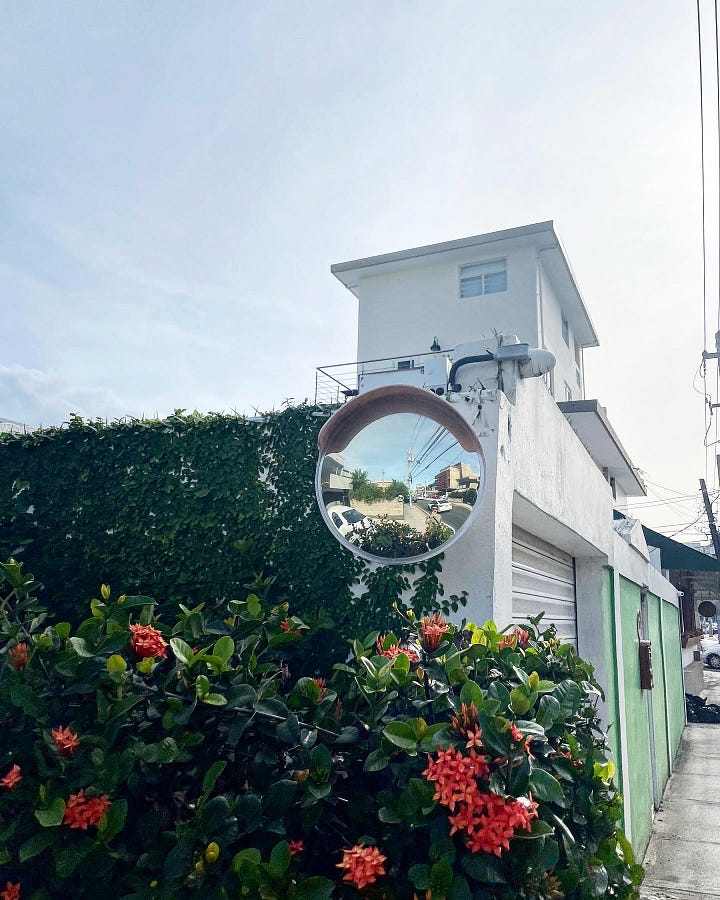 A house with a circular mirror on its corner, mounted above bushes; power lines over a street, wrapped in vines, with a wispy cloudy blue sky in the background.