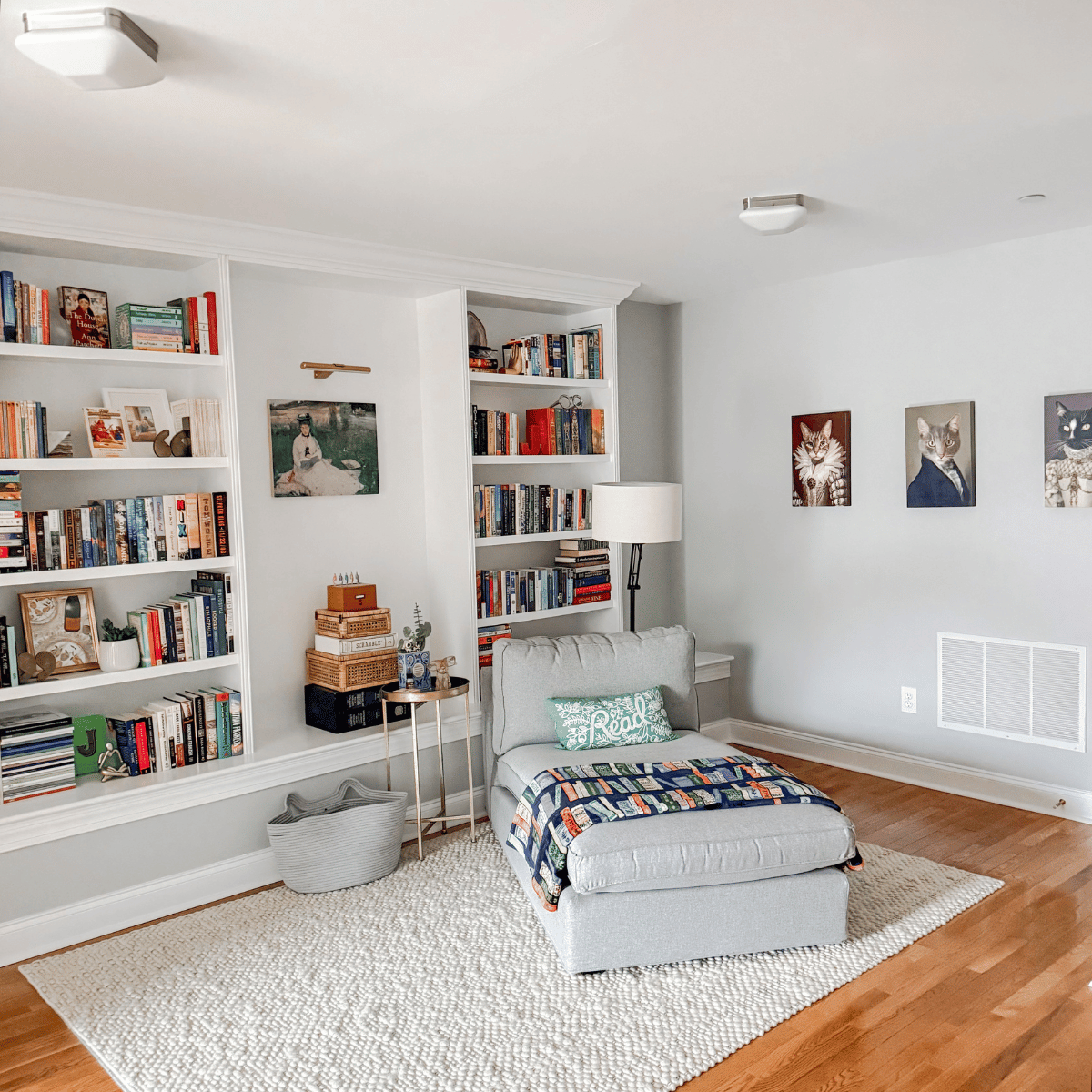 cozy home library with bookshelves and reading chair.