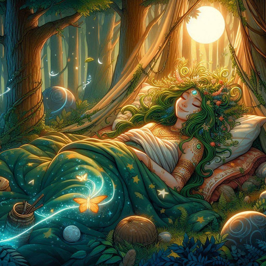The Goddess Gaia HAPPILY SLEEPING IN A SLEEPING BAG IN THE FOREST digital art
