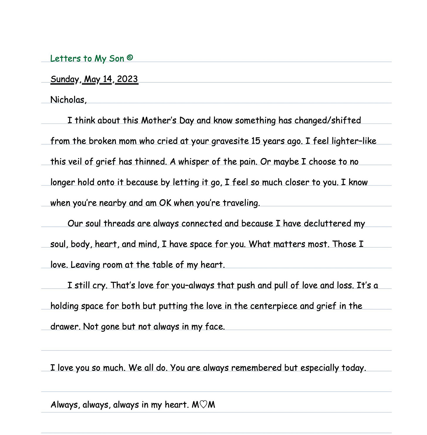 Letter to my son on lined paper