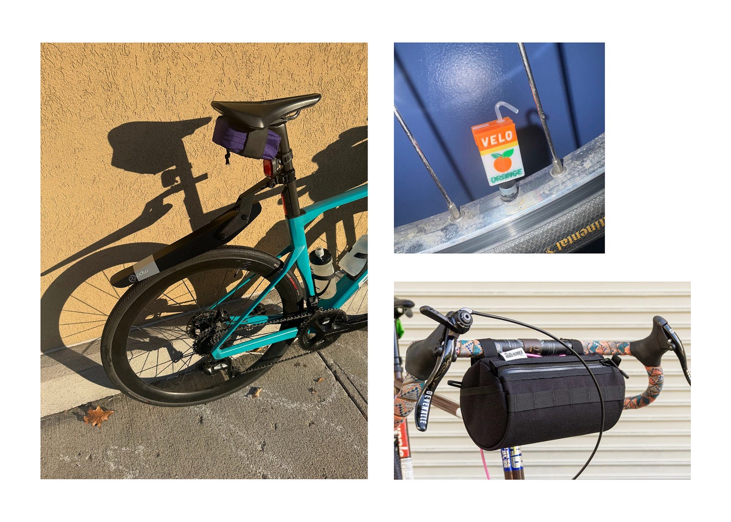 Three images in collage: One is of the back of a road bike loaded with a saddle bag, lights, and a fender. Another is of a juice-box shaped valve cap. And the final one is of a burrito bag. 