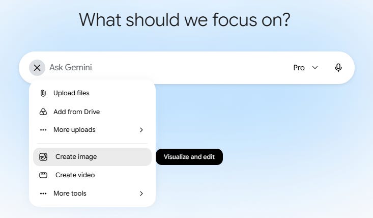 Gemini chat UI, showing the dropdown menu with "Create image" selected Gemini chat UI, showing the dropdown menu with "Create image" selected