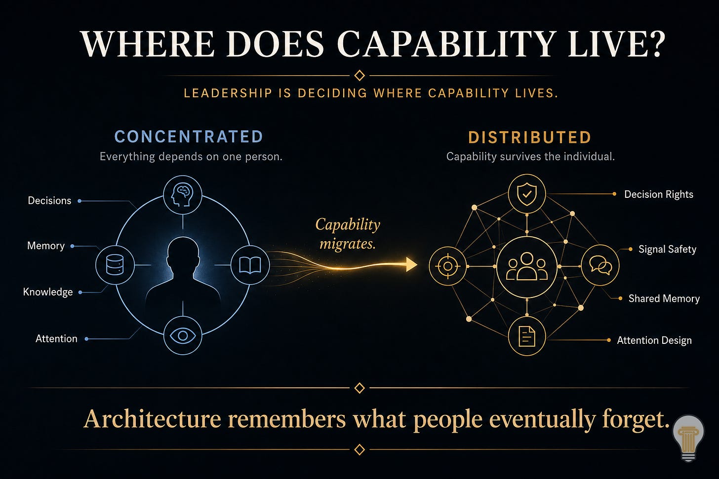 Infographic titled "Where Does Capability Live?" comparing two organisational models. On the left, capability is concentrated inside one individual through decisions, memory, knowledge and attention. A glowing transition shows capability migrating into a distributed organisational network on the right, where decision rights, signal safety, shared memory and attention design create institutional resilience. The central message is that leadership is deciding where capability lives. Infographic titled "Where Does Capability Live?" comparing two organisational models. On the left, capability is concentrated inside one individual through decisions, memory, knowledge and attention. A glowing transition shows capability migrating into a distributed organisational network on the right, where decision rights, signal safety, shared memory and attention design create institutional resilience. The central message is that leadership is deciding where capability lives.