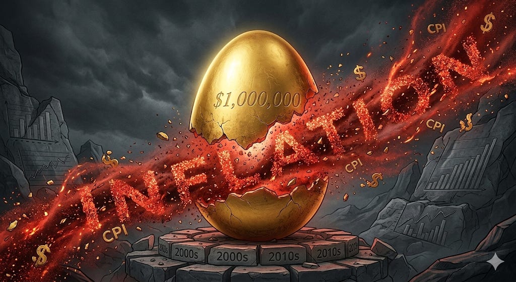 A million dollar golden retirement nest egg crumbling into red dust that spells inflation, representing the loss of purchasing power.