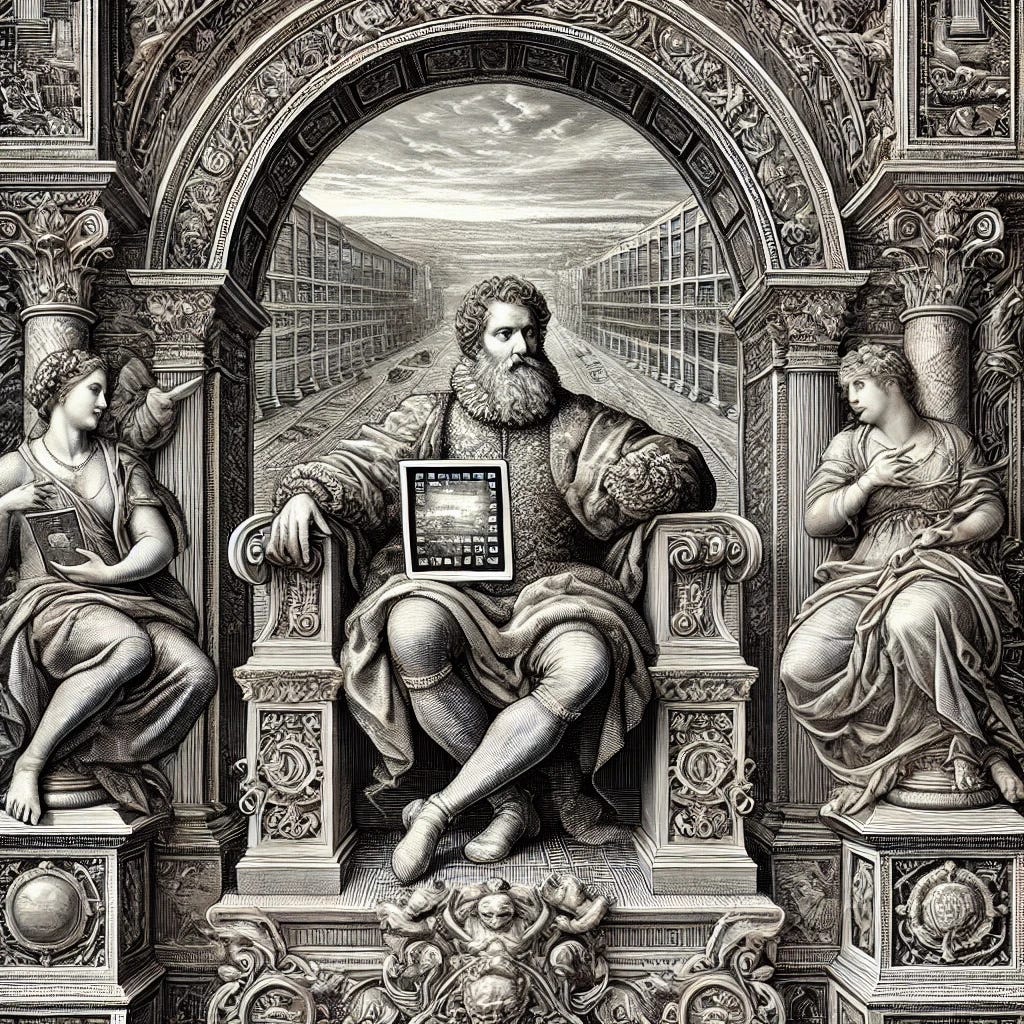 A frontispiece in the style of Albrecht Dürer, highly detailed with intricate lines and engraving techniques characteristic of the Renaissance. The central figure is rendered in a classic Dürer style, with exaggerated fine details, dressed in a mix of traditional Renaissance and modern tech attire. The figure sits on a grand throne with extremely ornate Renaissance patterns and minute details, blending subtly with modern digital elements like circuit boards. The background is filled with rich, detailed Renaissance architecture, including grand arches, classical columns, and engraved scenes, integrated with distant, sleek office buildings of Silicon Valley. The central figure holds a tablet or smartphone, depicted with intense detail, as an illuminated, reflective object representing the 'Mirror' concept. Surrounding the central figure are allegorical figures representing Innovation, Wealth, and Power, depicted in the style of Dürer's engravings, holding modern symbols like light bulbs, dollar signs, and computer chips. The title 'The Mirror of the Princes of Silicon Valley' is inscribed at the top in an elaborate Gothic font, with a border that is richly detailed with Dürer-style engravings, combining traditional Renaissance motifs with subtle digital elements like binary code, all rendered with Dürer's characteristic precision and fine lines. A frontispiece in the style of Albrecht Dürer, highly detailed with intricate lines and engraving techniques characteristic of the Renaissance. The central figure is rendered in a classic Dürer style, with exaggerated fine details, dressed in a mix of traditional Renaissance and modern tech attire. The figure sits on a grand throne with extremely ornate Renaissance patterns and minute details, blending subtly with modern digital elements like circuit boards. The background is filled with rich, detailed Renaissance architecture, including grand arches, classical columns, and engraved scenes, integrated with distant, sleek office buildings of Silicon Valley. The central figure holds a tablet or smartphone, depicted with intense detail, as an illuminated, reflective object representing the 'Mirror' concept. Surrounding the central figure are allegorical figures representing Innovation, Wealth, and Power, depicted in the style of Dürer's engravings, holding modern symbols like light bulbs, dollar signs, and computer chips. The title 'The Mirror of the Princes of Silicon Valley' is inscribed at the top in an elaborate Gothic font, with a border that is richly detailed with Dürer-style engravings, combining traditional Renaissance motifs with subtle digital elements like binary code, all rendered with Dürer's characteristic precision and fine lines.