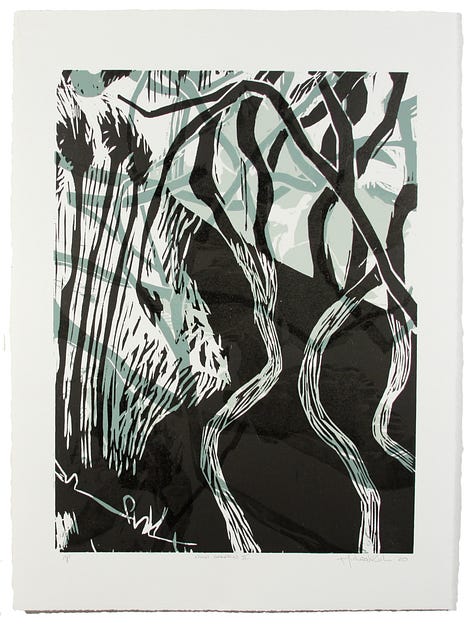 Large scale black and white woodcut by artists, Michael Rich