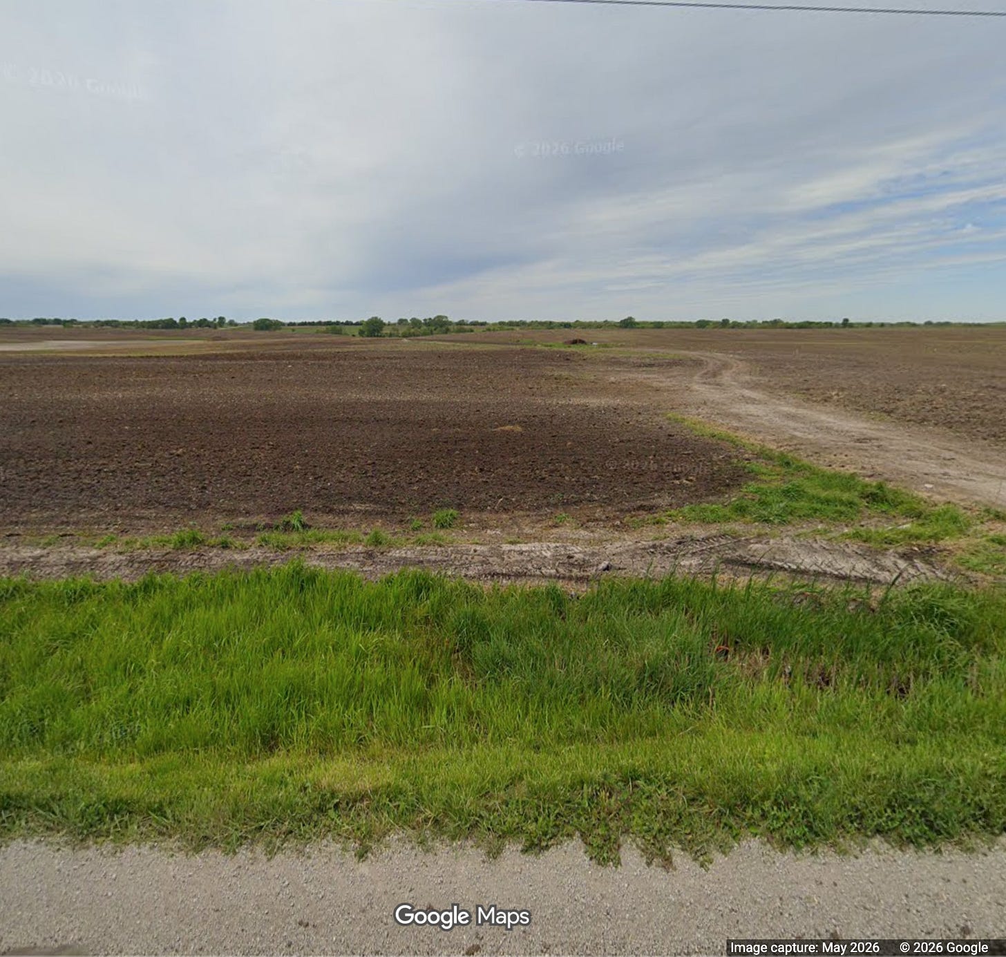 A screenshot of Google Street View's photo of an empty field where Goldena's house was