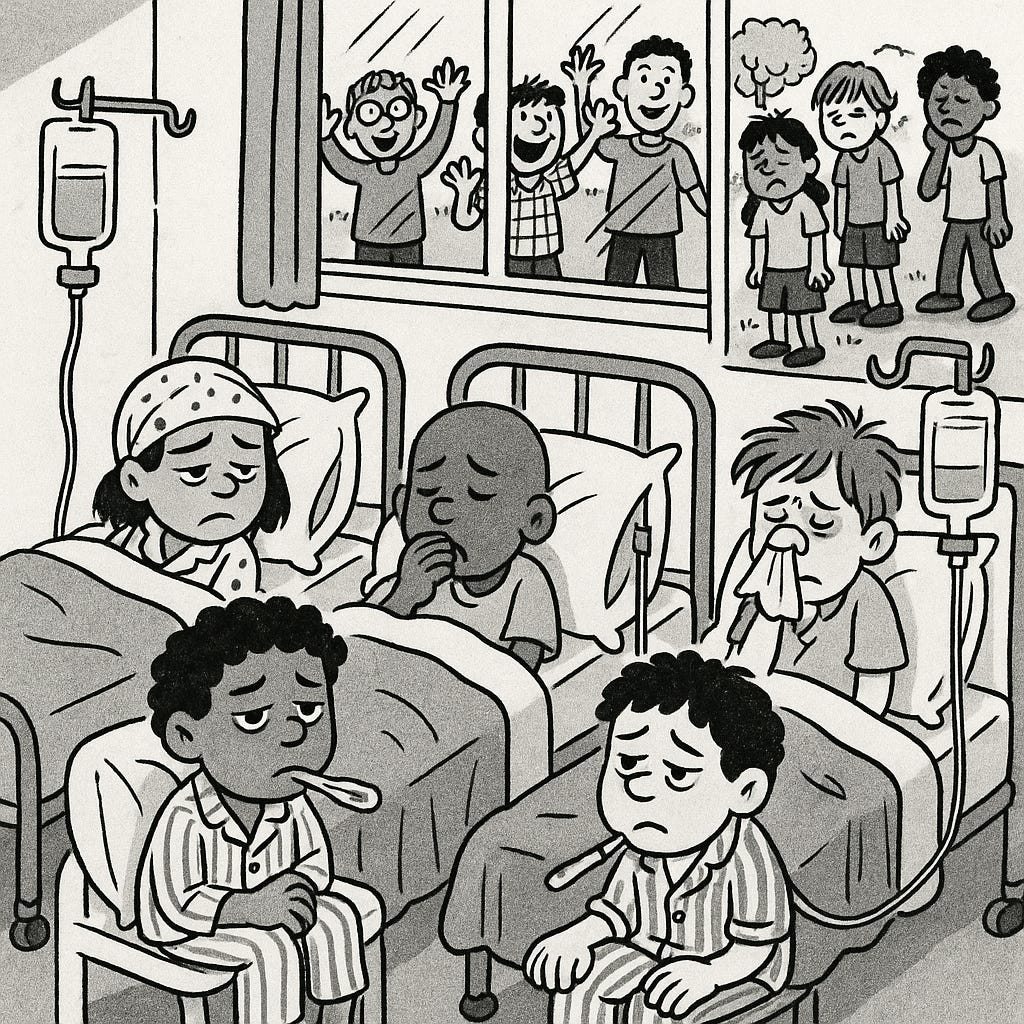 A black-and-white cartoon shows a hospital ward with five sick children, all with sad or tired expressions. Three lie in beds with IV drips, and two sit in striped pajamas with thermometers in their mouths. Outside a window, seven children are visible: four appear cheerful and are waving, while three look sick and stand apart, frowning or coughing. The scene contrasts illness inside with mixed health outside.