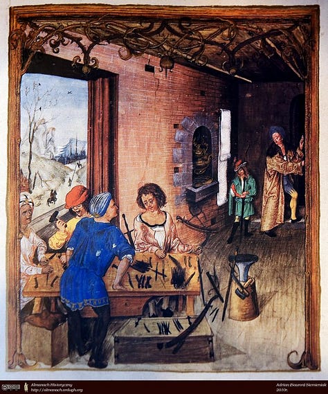 Medieval household workshops showing men and women working together in shared domestic and craft labor before industrialization.