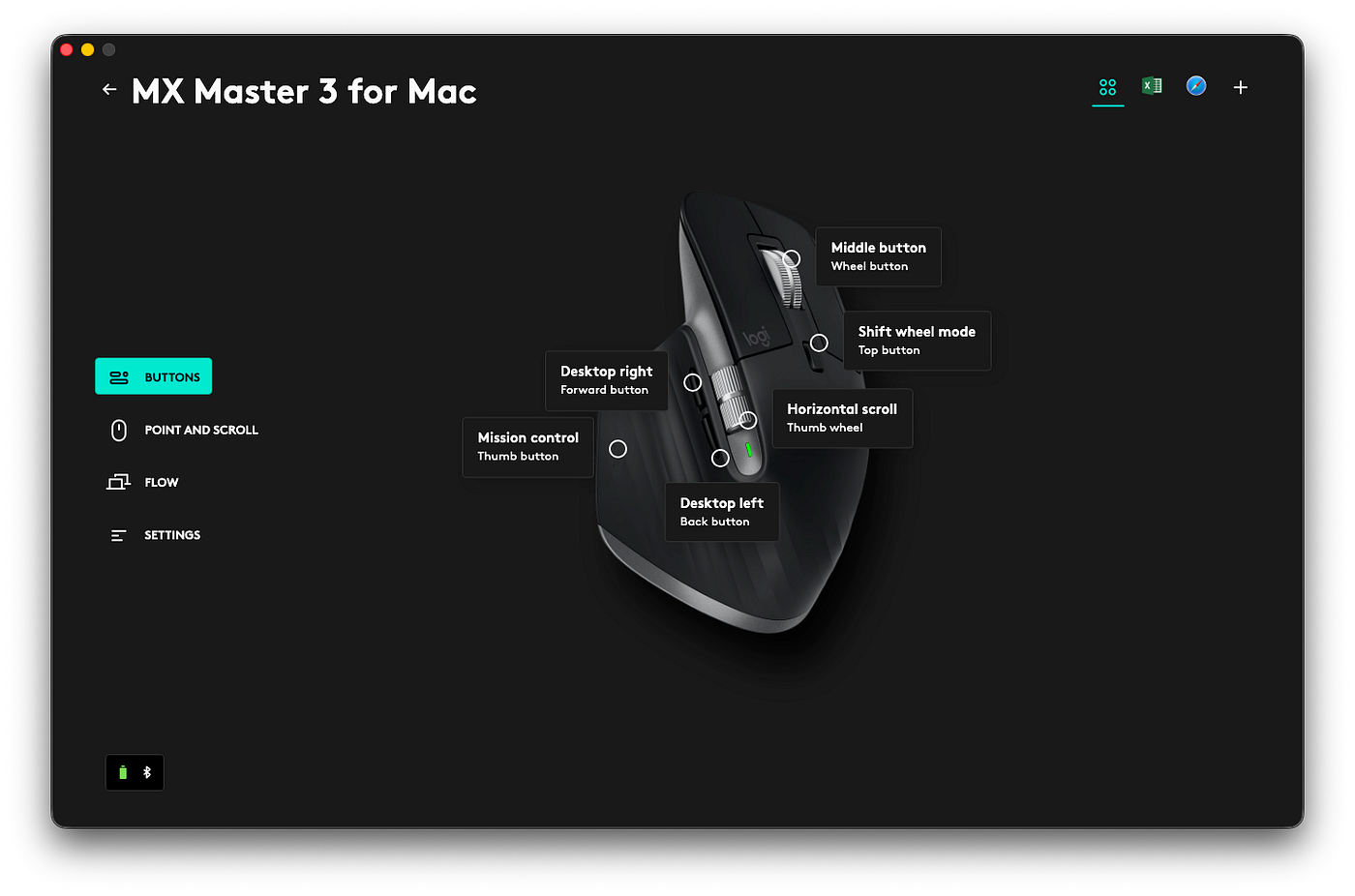 Logitech MX Master 3 for Mac mouse customization interface showing programmable buttons and horizontal scroll features.