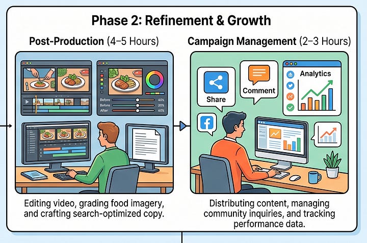 An infographic titled Content Production Roadmap Overview split into two main phases. Phase 1: Preparation & Capture shows Planning & Briefing (2–3 Hours) with a team reviewing storyboards, and On-Site Production (3–4 Hours) showing a videographer filming a chef plating a dish. Phase 2: Refinement & Growth shows Post-Production (4–5 Hours) with an editor grading video, and Campaign Management (2–3 Hours) showing an analyst tracking performance analytics and comments.