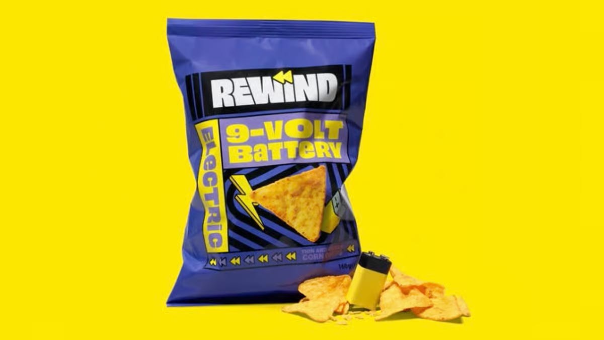 Bag of chips that says "9-Volt Battery" and "Electric" on the front along with Rewind, the brand name