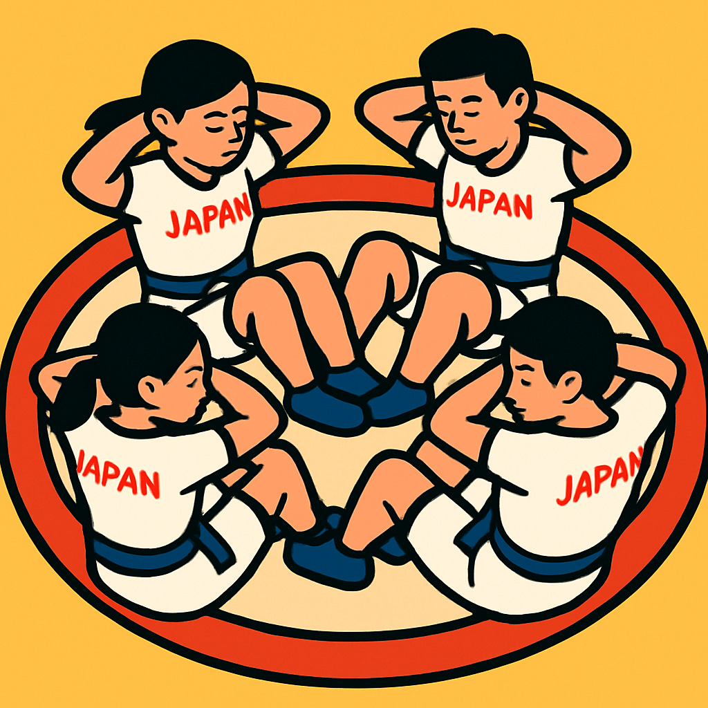 Stylized vector art of Japanese athletes doing sit-ups in a circular ring, facing inward, with bold black outlines.