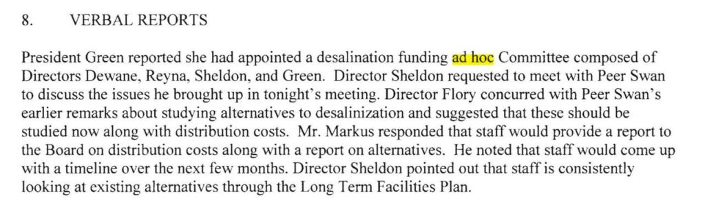 Green appoints desal funding committee unilaterally.