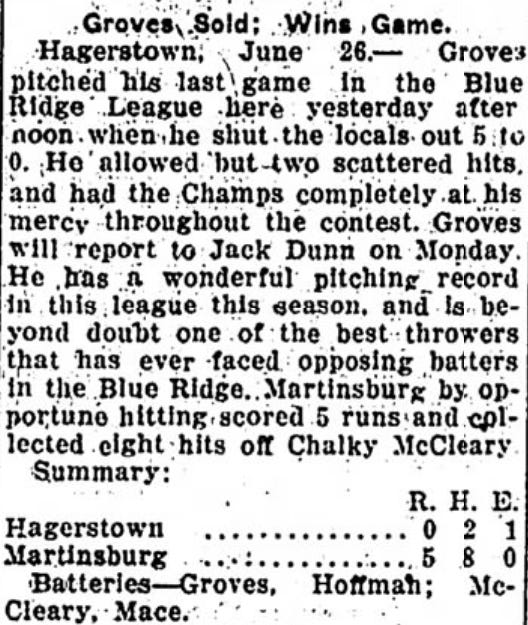 1920 Frederick Daily News Lefty Grove