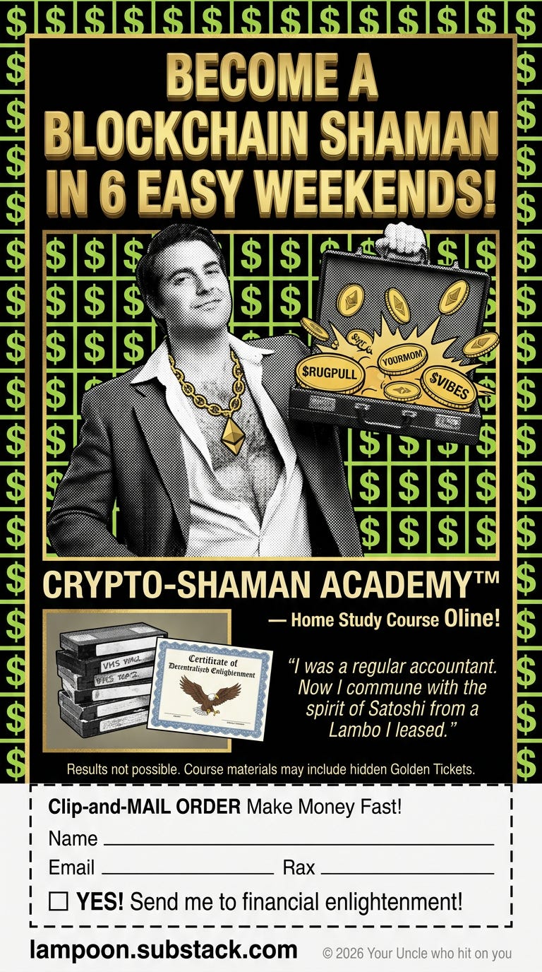 Image PromptA vertical 916 page mimicking a sleazy 1983 Make Money Fast mail-order ad Background is a grid of dollar-sign wallpaper in lime green on black with gold foil accents (slightly tarnished) Top headline in faux-3D extruded gold lett_image_1