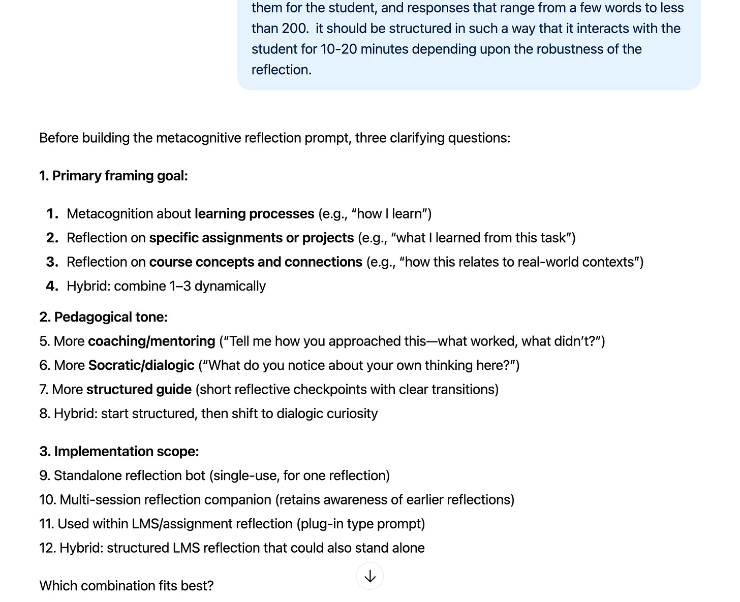 The screenshot displays a clear three-section layout titled “Primary framing goal,” “Pedagogical tone,” and “Implementation scope,” each containing numbered options. The text is evenly spaced and left-aligned, organizing twelve total choices that guide decisions about metacognitive reflection design. The visual hierarchy. with bold headers and concise descriptors. highlights a stepwise decision process for building an adaptable reflection prompt.