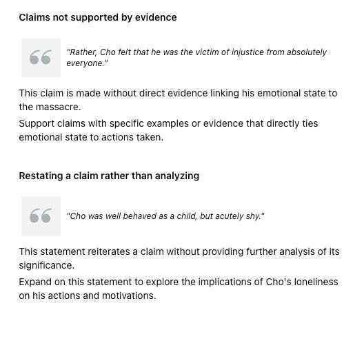 Cho Emotional State and Restating Claims Feedback thesify feedback showing two flags: one for a claim about Cho's emotional state lacking direct evidence, and another for restating a claim rather than analyzing it.