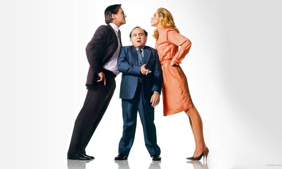 Michael Douglas, Danny De Vito and Kathleen Turner in a promotional still for the film The War of the Roses