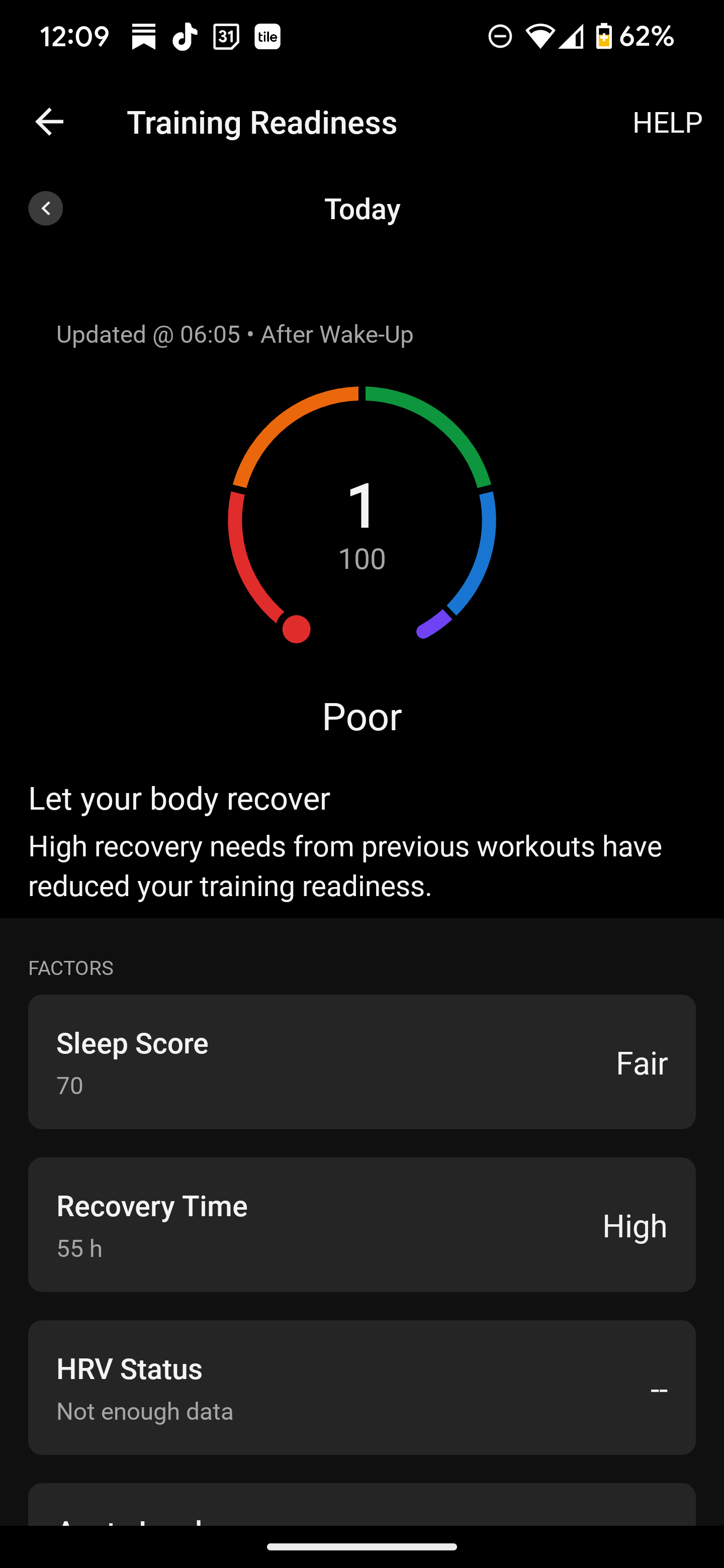 Screen capture of "Training Readiness" On a scale of 1-100, display reads 1.