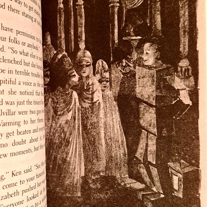 image of The Egpyt Game in paperback and an old hardcover copy of ZKS's The Changelin, on wood, also an illustration of children dressing up as mythological characters in The Egypt Game