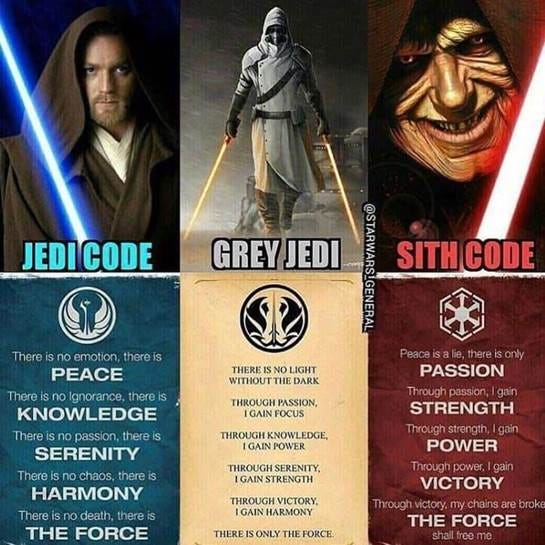 The fan interpretation of Gray Jedi ideology. Note: in the lore and community, there's an alteration between "Gray" and "Grey" that doesn't affect anything.