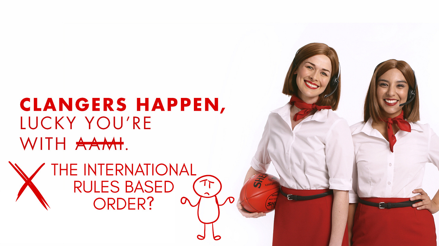 An AAMI insurance ad with the slogan crossed out and a stick figure shrugging their shoulders.
