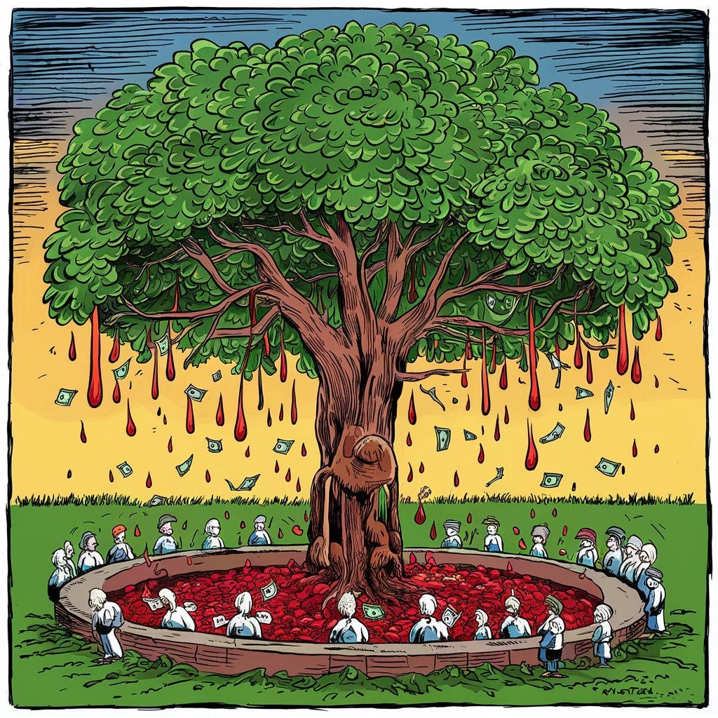 Trickle down economics tree flowing blood to poor people below