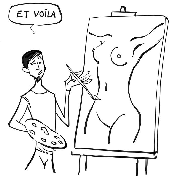 Four-panel sequence from a comic by Alfie. A painter stands at an easel and declares he will “show how to scare society,” then dramatically paints a minimalist outline of a nude female torso on the canvas. In the final panel, three viewers react with exaggerated shock and curiosity at the artwork. Full comic available at https://alifedoodler.wordpress.com/portfolio/little-lines-big-scandals/