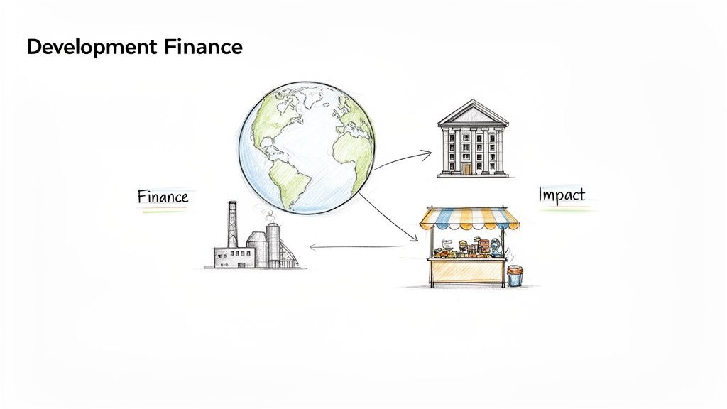 A diagram showing development finance flowing from industries globally to institutions and local markets, creating impact.