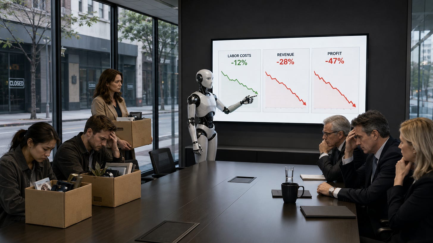 Laid-off employees leave a boardroom while executives watch labor costs fall alongside sharper declines in revenue and profit.