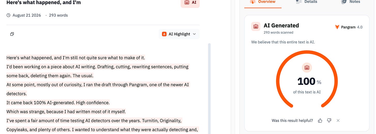 Pangram AI detector showing a human-edited article as 100 percent AI generated