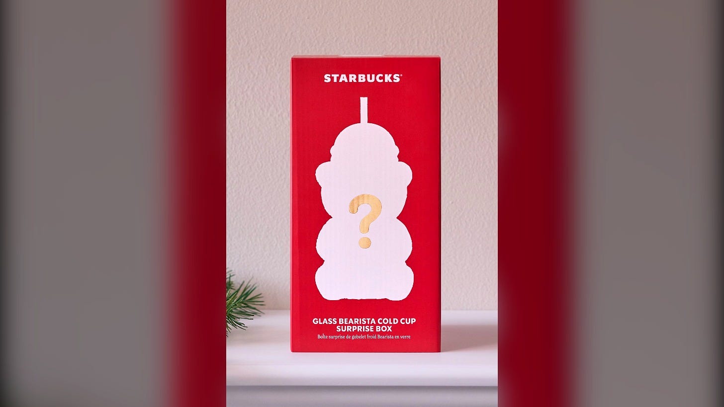 The Glass Bearista Cold Cup Surprise Box Edition, arriving Nov. 10. Image: Starbucks The Glass Bearista Cold Cup Surprise Box Edition, arriving Nov. 10. Image: Starbucks