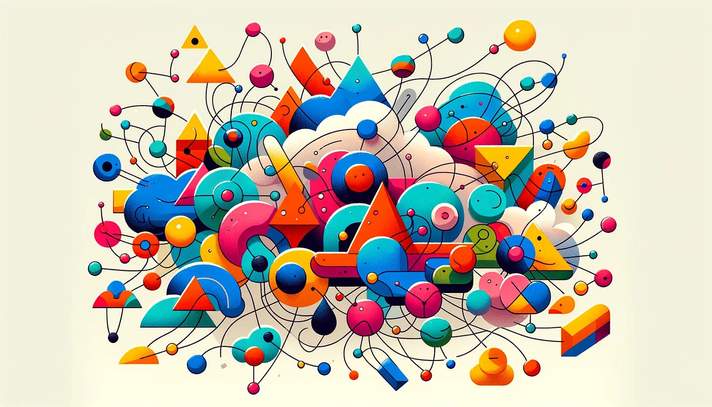 Forme geometriche di diverso colore sovrapposte e connesse tra loro