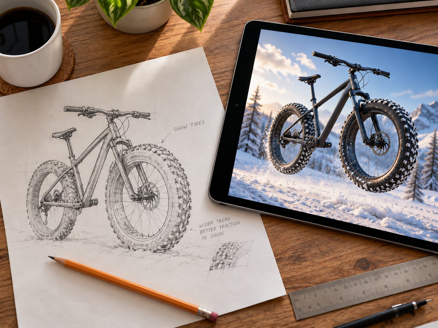 Overhead photograph of a wooden desk featuring a pencil sketch of a fat-tire snow bicycle beside a tablet displaying a realistic 3D rendering of the same chainless bicycle floating approximately 10 inches above a snowy mountain trail. A pencil, ruler, coffee cup, and plant surround the designs in soft natural light.