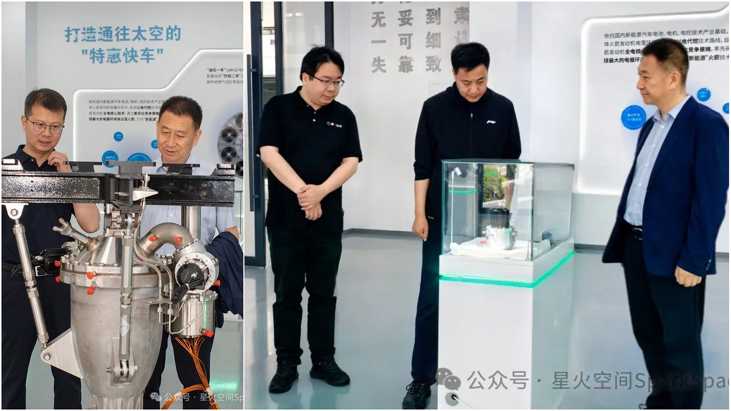 Zhao Zhenghong (in the blue suit and white shirt) being shown a Lieyan-2 engine (left) and smaller components used with it (right) by Spark Space officials.