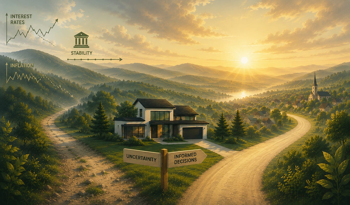 Conceptual illustration about the refinance amortization trap and how informed mortgage decisions create stability amid uncertainty. A modern home sits in a sunlit valley at a fork in the road. A wooden signpost shows two directions: a rocky path labeled "Uncertainty" leading left, and a smooth path labeled "Informed Decisions" leading right toward a peaceful village at sunrise. In the upper left, two line charts labeled "Interest Rates" and "Inflation" show volatile, jagged movement. A horizontal line anchored by a small bank icon labeled "Stability" runs through the middle of the sky, suggesting that informed refinancing decisions create durable stability even when rates and inflation are unpredictable. Conceptual illustration about the refinance amortization trap and how informed mortgage decisions create stability amid uncertainty. A modern home sits in a sunlit valley at a fork in the road. A wooden signpost shows two directions: a rocky path labeled "Uncertainty" leading left, and a smooth path labeled "Informed Decisions" leading right toward a peaceful village at sunrise. In the upper left, two line charts labeled "Interest Rates" and "Inflation" show volatile, jagged movement. A horizontal line anchored by a small bank icon labeled "Stability" runs through the middle of the sky, suggesting that informed refinancing decisions create durable stability even when rates and inflation are unpredictable.