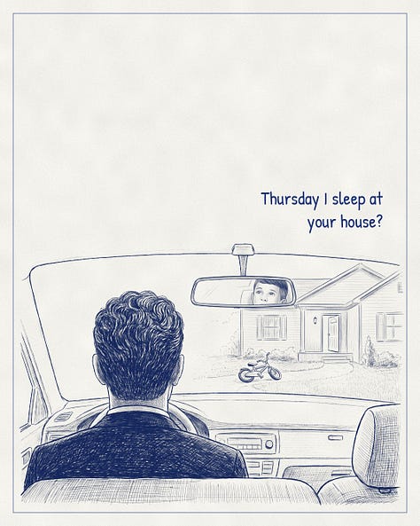 Blue-ink illustration. A father drives his young son home; they talk in the car.