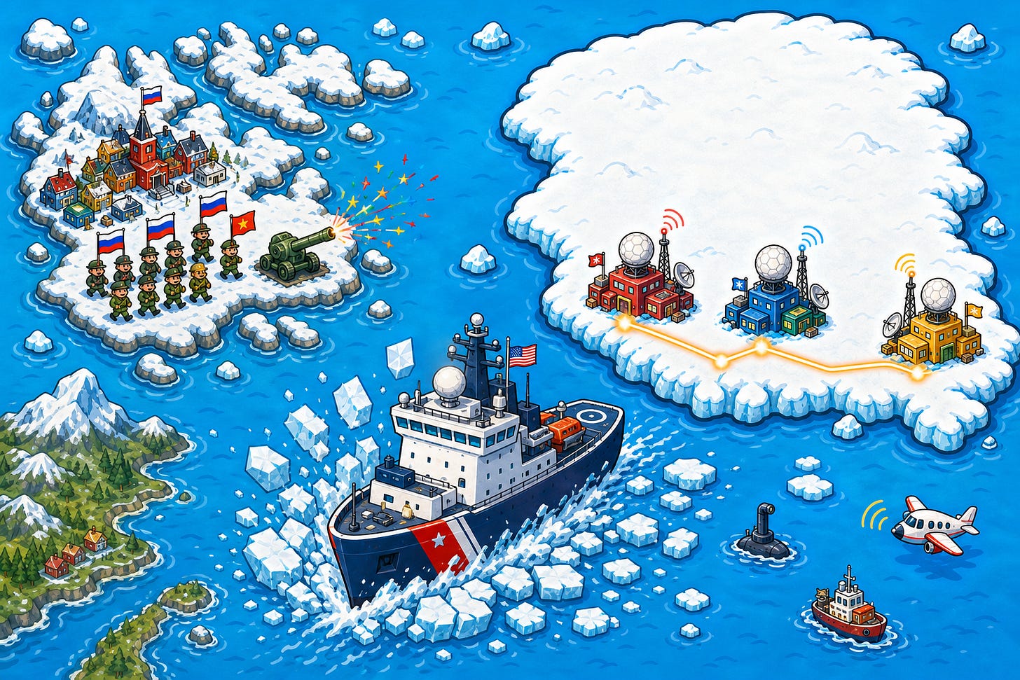 Cartoonish bird’s‑eye view of Greenland bases, Svalbard parade, and a US icebreaker in the Arctic. Cartoonish bird’s‑eye view of Greenland bases, Svalbard parade, and a US icebreaker in the Arctic.
