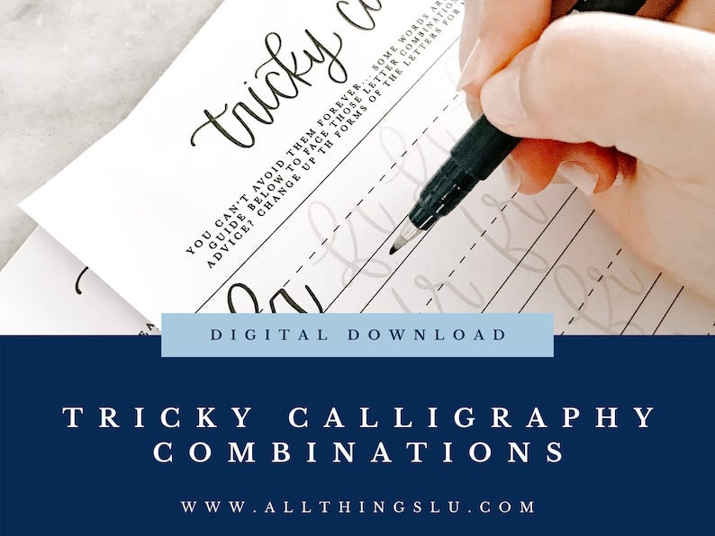 May include: A digital download for a calligraphy worksheet titled 'Tricky Calligraphy Combinations' with the website address www.allthingslu.com. The worksheet is a white sheet of paper with black text and gray lines. The text on the worksheet reads 'You can't avoid them forever... some words are tricky. Use the guide below to face those letter combinations. Need advice? Change up the forms of the letters forming those tricky combinations.' A hand is holding a black marker and writing on the worksheet. The hand is writing the word 'play'.