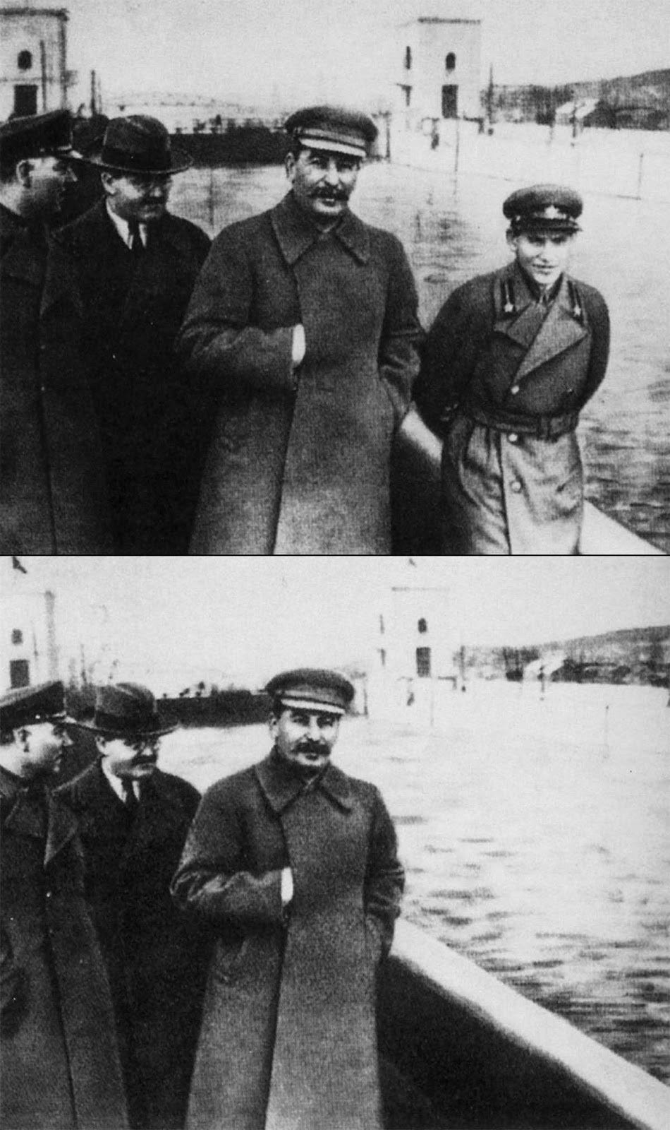 Nikolai Yezhov, once prominent to Stalin's right at the Moscow Canal, was later meticulously erased from this photograph, a stark symbol of his political purge. Nikolai Yezhov, once prominent to Stalin's right at the Moscow Canal, was later meticulously erased from this photograph, a stark symbol of his political purge.