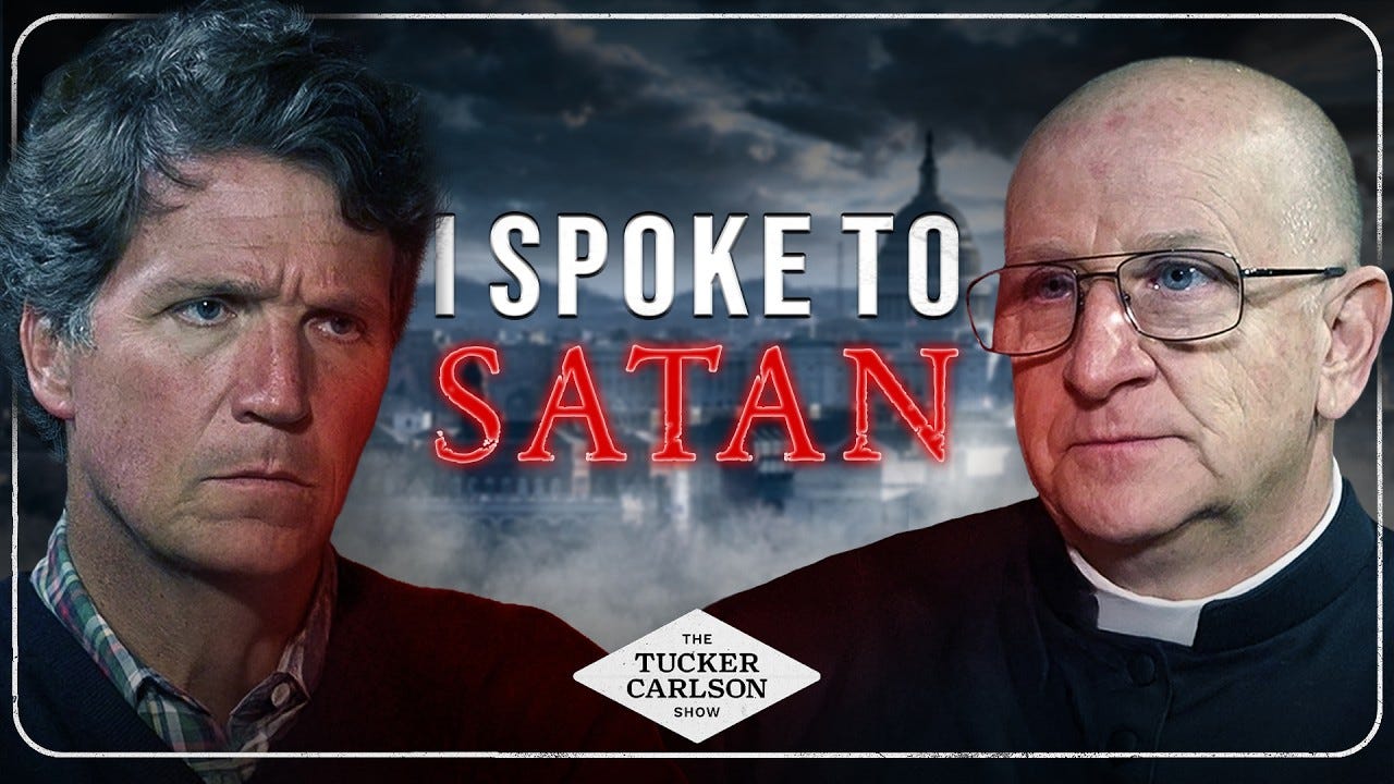 Tucker Carlson and Fr. Chad Ripperger in promotional art for The Tucker Carlson Show