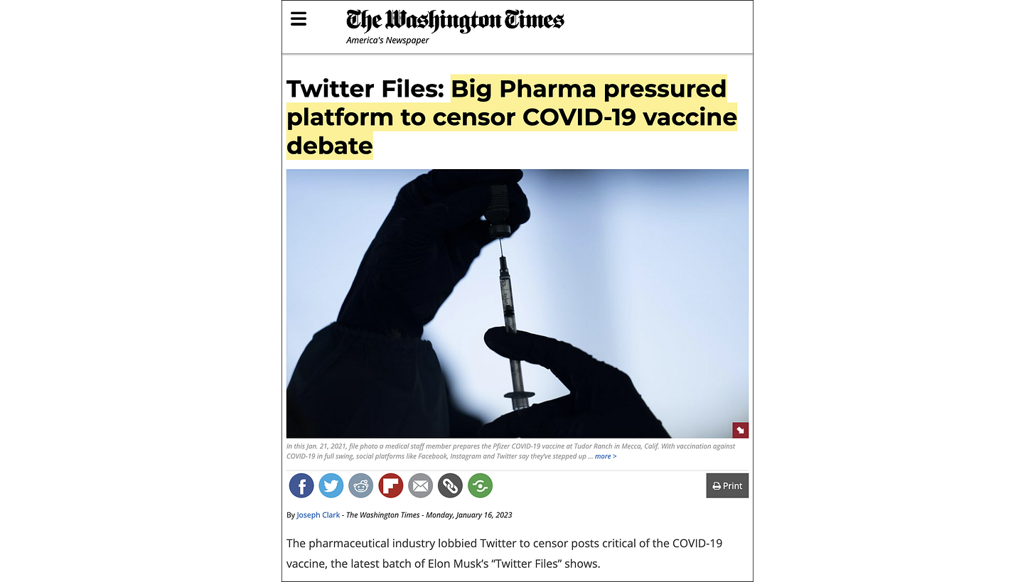 The Washington Times, “Twitter Files: Big Pharma pressured platform to censor COVID-19 vaccine debate” (16 January 2023)
