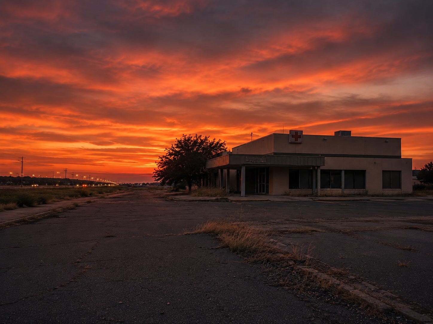 A lonely small-town Texas hospital sits dark and empty at sunset, with a faded emergency sign, cracked pavement, dry weeds in the parking lot, and distant highway lights stretching across the horizon. A lonely small-town Texas hospital sits dark and empty at sunset, with a faded emergency sign, cracked pavement, dry weeds in the parking lot, and distant highway lights stretching across the horizon.