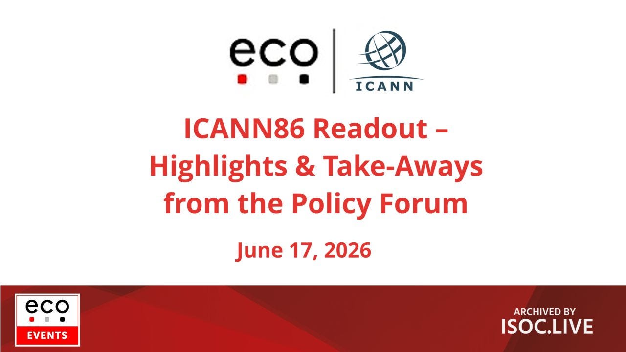 A clean title slide on a white background featuring the ECO and ICANN logos centered at the top. Below, a large bold red title announces the ICANN86 policy forum readout, with the date centered beneath in smaller red text. A deep red geometric banner spans the bottom, containing the ECO Events logo at left and an "Archived by ISOC.LIVE" mark at right, creating a balanced, minimalist conference branding layout.