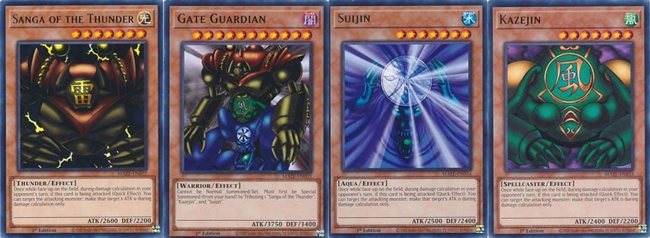 Four Yu-Gi-Oh cards: Sanga of the Thunder, Gate Guardian, Suijin, Kazejin. Each card has a unique monster design, colors, and effects.