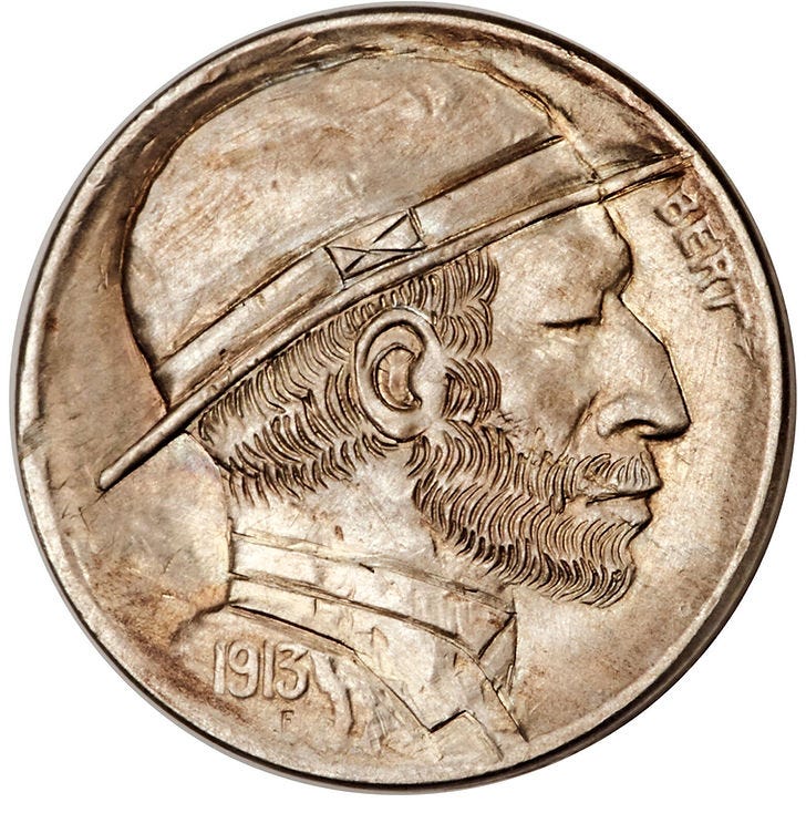 A classic domed-hat hobo nickel by Bert sold in 2019 for $9,600. Image: Heritage Auctions A classic domed-hat hobo nickel by Bert sold in 2019 for $9,600. Image: Heritage Auctions