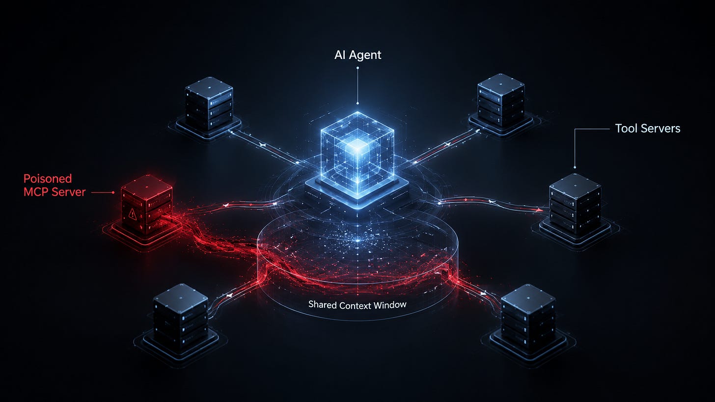 Abstract cybersecurity illustration showing a poisoned MCP server contaminating a shared LLM context window connected to multiple AI tools. Abstract cybersecurity illustration showing a poisoned MCP server contaminating a shared LLM context window connected to multiple AI tools.