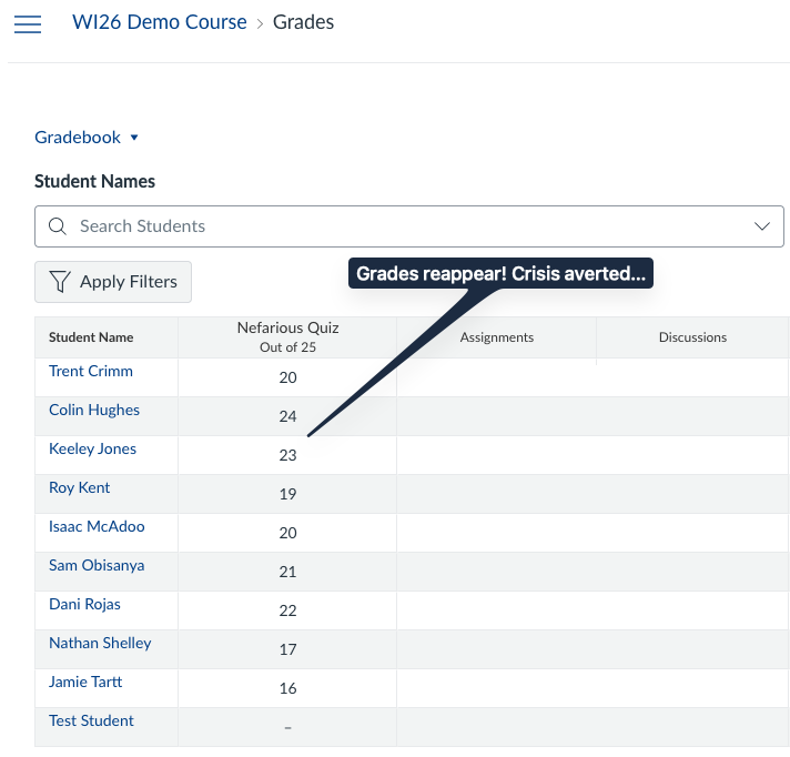 all grades have now reappeared for that quiz. Crisis averted.